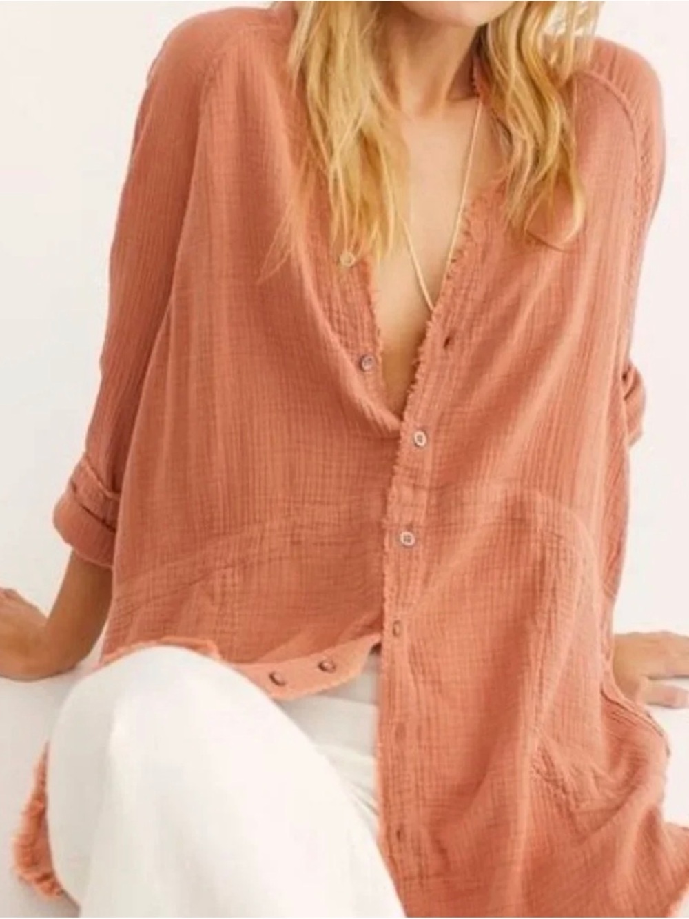 Free People Relaxed Button-Down Top in Terracotta with pockets size Medium